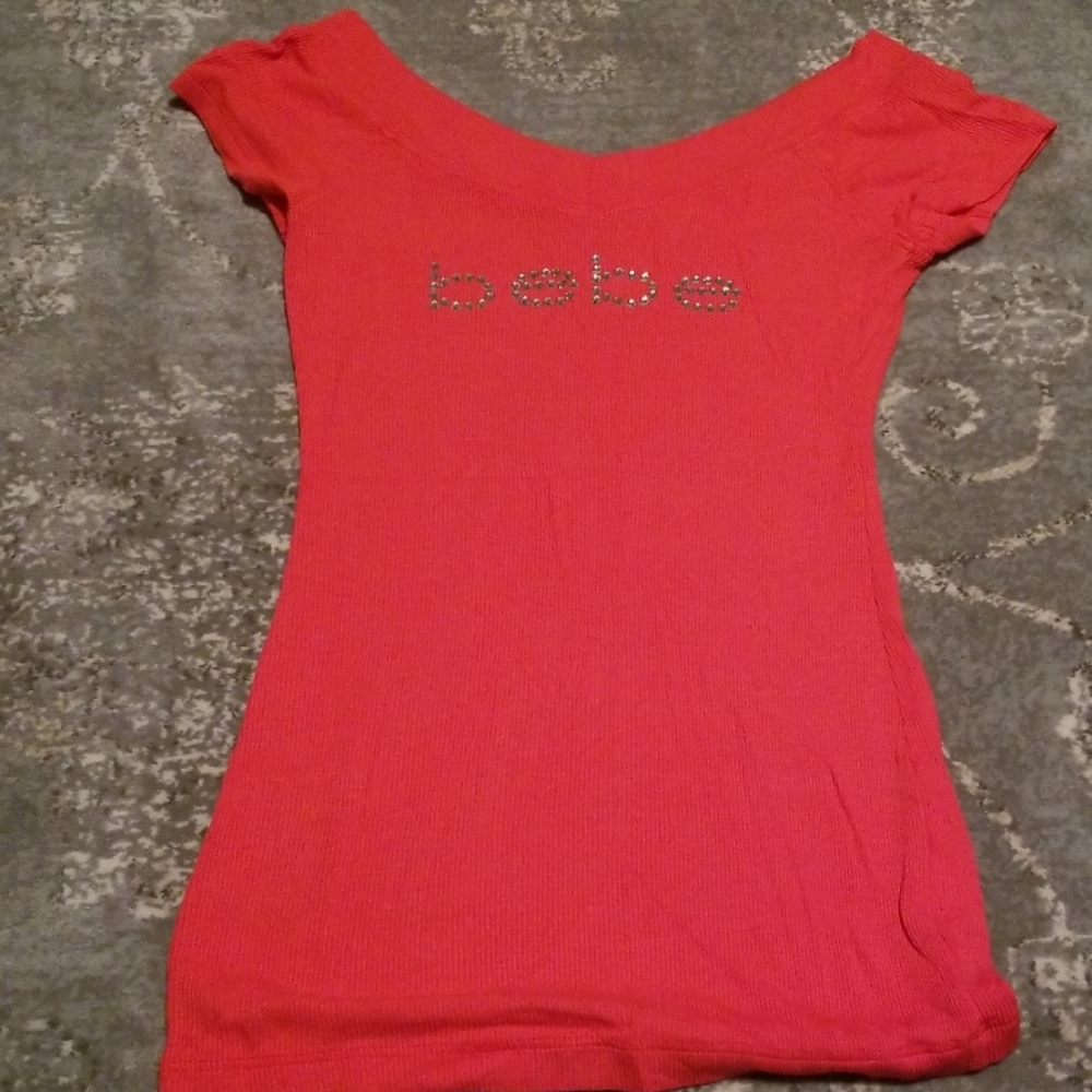 bebe double v neck rhinestone orange ribbed tshirt